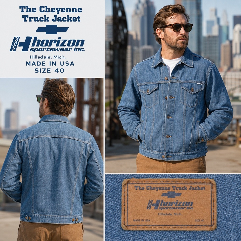 Vintage Horizon Sportswear Chevy Cheyenne Truck Denim Jacket Made in USA Size 40
